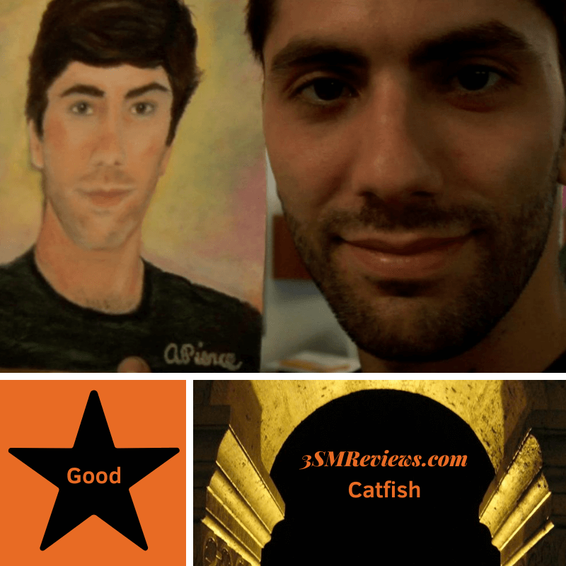 Picture of Nev Shulman next to a portrait of Nev Shulman. A star with text: Good. 3SMReviews.com Catfish