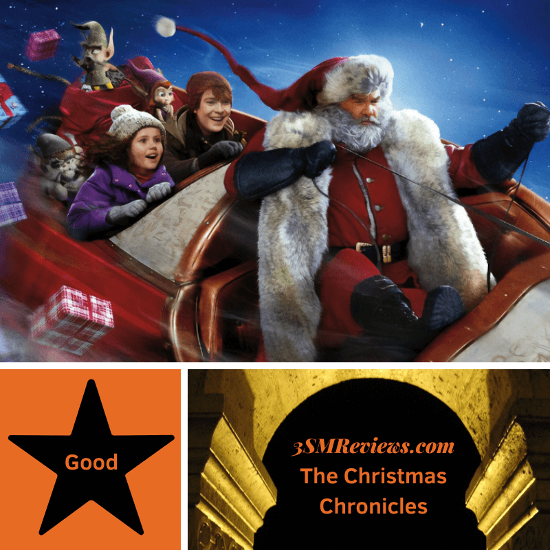 Darby Camp, Judah Lewis, and Kurt Russell in The Christmas Chronicles. A star with text: Good. An arch with text: 3SMReviews.com: The Christmas Chronicles